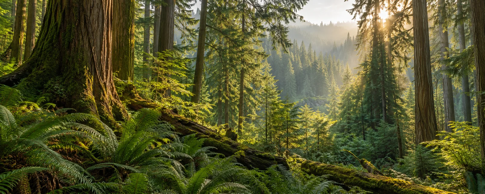 Sunlit evergreen forest and ferns