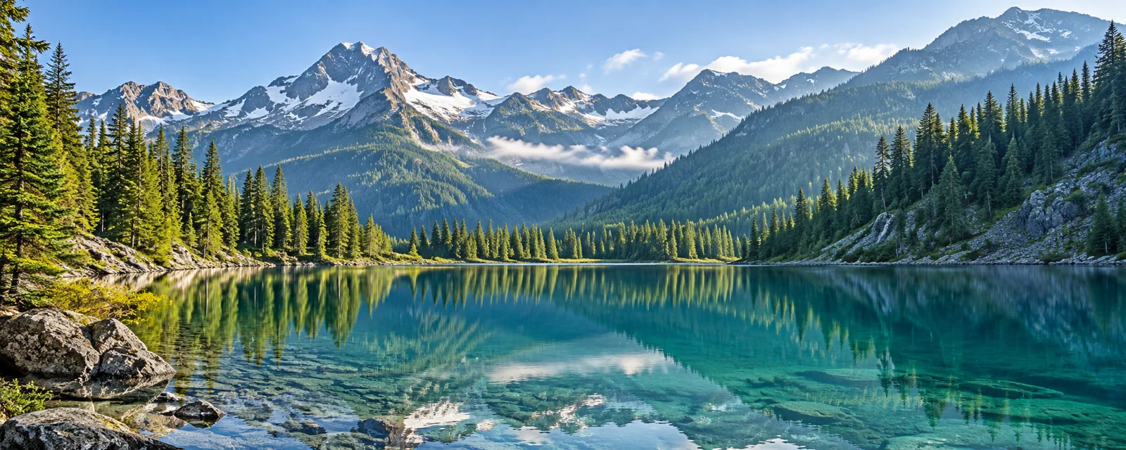 A clear mountain lake surrounded by evergreens