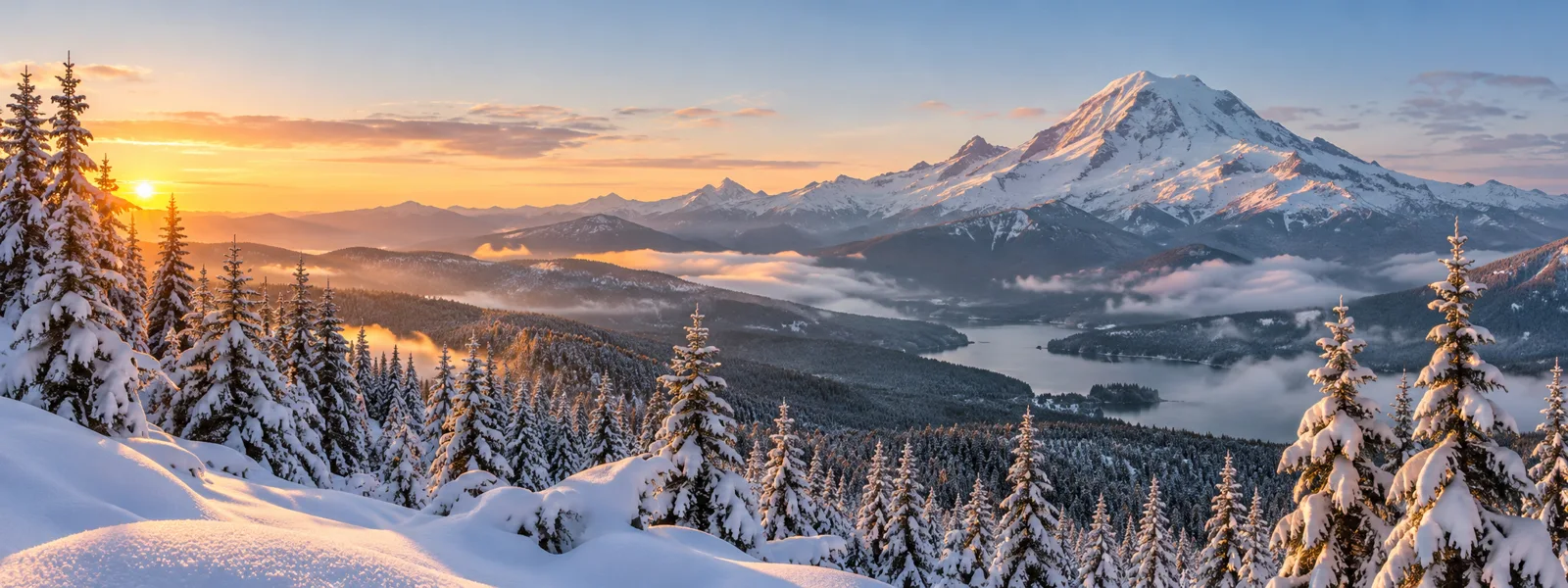 Snowy fir trees beneath a mountain at sunrise