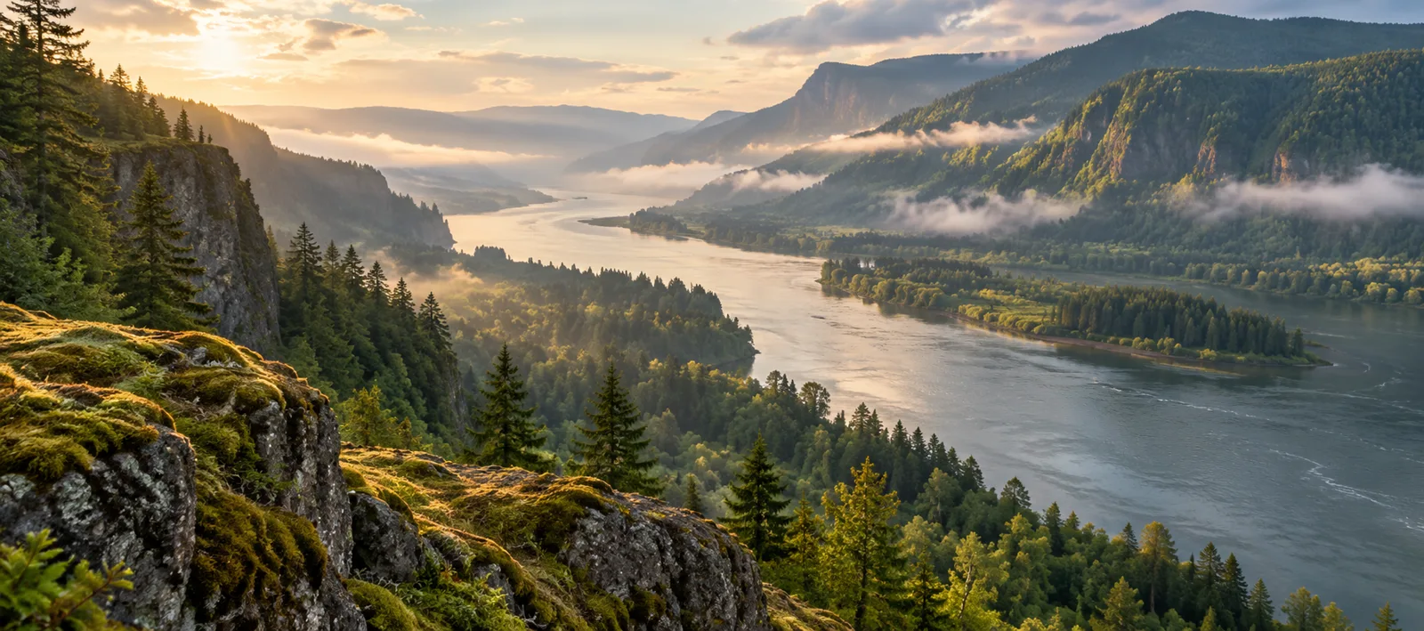 A winding river between forested cliffs